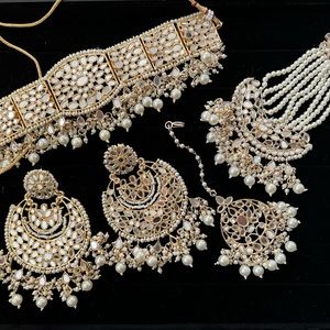 Indian jewelry, jhumar, tikka, earings, choker, necklace, mirror, set
